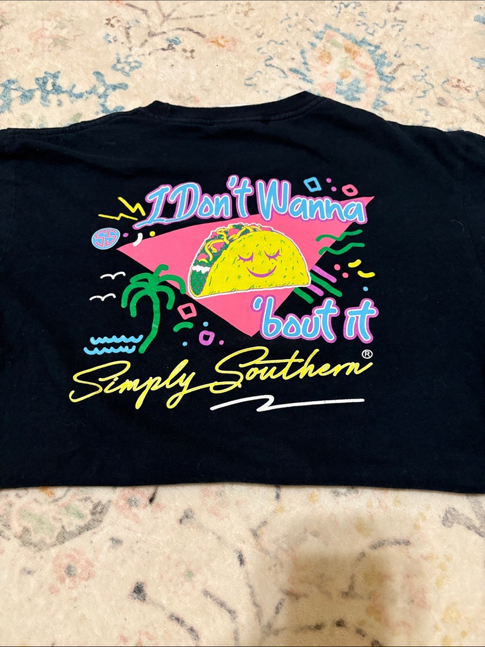 Simply Southern Black Tee with Neon Taco Graphic. Youth Large. Cute!